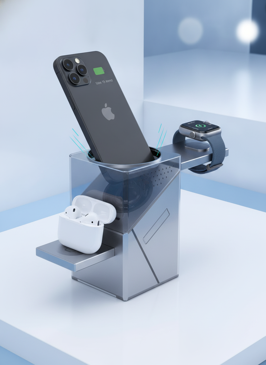 3-in-1 magnetic wireless charging station, twisted open, charging an iPhone, Apple Watch, and AirPods on a bright white surfa