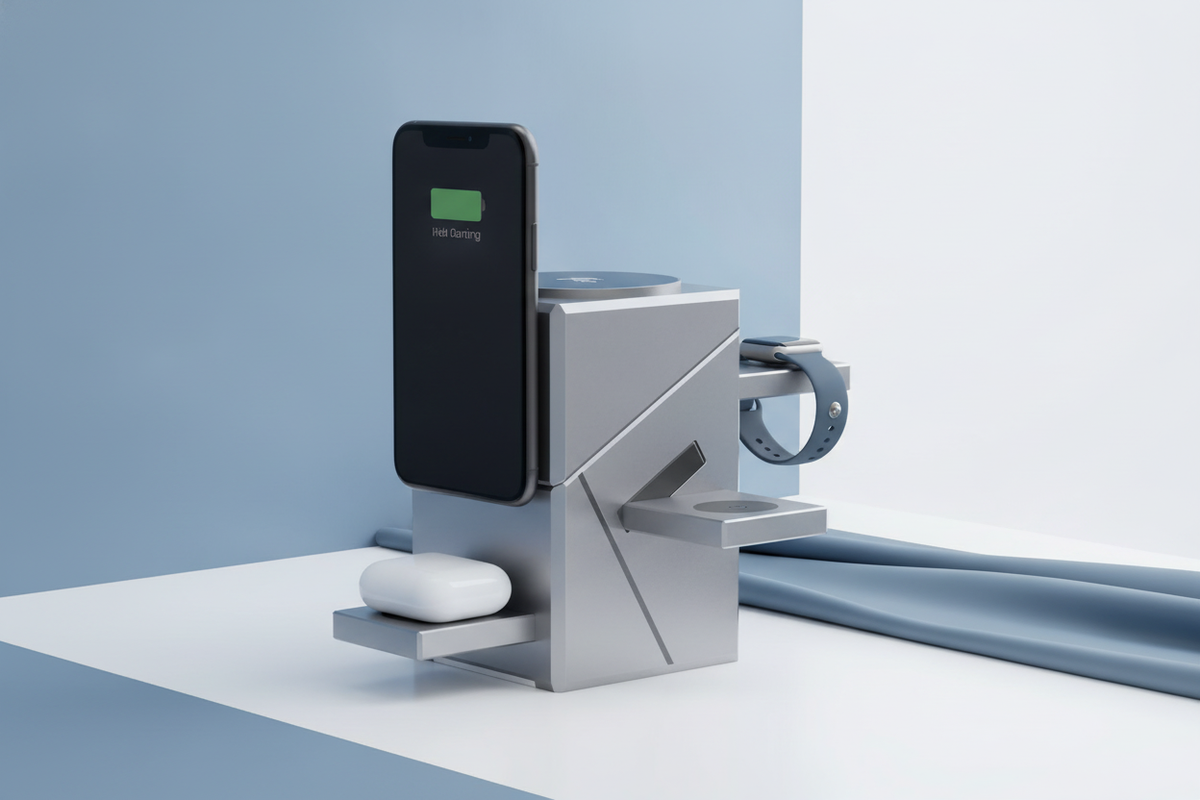 3-in-1 magnetic wireless charging station, twisted open, charging an iPhone, Apple Watch, and AirPods. Sleek product photogra